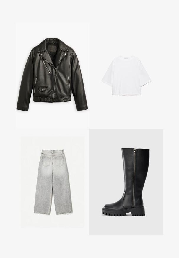 Zwarte leren motorjack met een cropped ontwerp, brede revers, meerdere ritszakken en een subtiele glans. Voorzien van een riem op de taille.; Wit, kort mouw, boxy t-shirt gemaakt van zacht katoen. Heeft een ronde hals en brede mouwen, met een strak, eenvoudig ontwerp.; Grijze denim spijkerbroek met wijde pijpen en een vervaagde afwerking, met twee achterzakken en een onafgewerkte zoom.; Zwarte leren kniehoge laarzen met een rits aan de zijkant, een gestructureerde afwerking, ronde neus en eenchunky rubberen zool met een segmentpatroon.