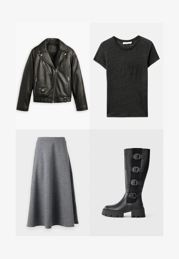 Schwarze Leder-Motorradjacke mit cropped Design, breiten Revers, mehreren Reißverschlusstaschen und einem subtilen Glanz. Mit einem Gürtel in der Taille.; Dunkelgraues Kurzarm-T-Shirt, Rundhalsausschnitt, aus weichem, strukturiertem Stoff mit lässigem Schnitt. Keine sichtbaren Muster oder Hardware-Details.; Grauer, knielanger Rock aus weichem, dehnbarem Material, mit einem ausgestellten Design und einem elastischen Bund für zusätzlichen Komfort.; Schwarze knöchelhohe Stiefel aus Leder mit drei verstellbaren Schnallenriemen an der Seite, massiver Gummi-Sohle mit Rillen für besseren Halt.