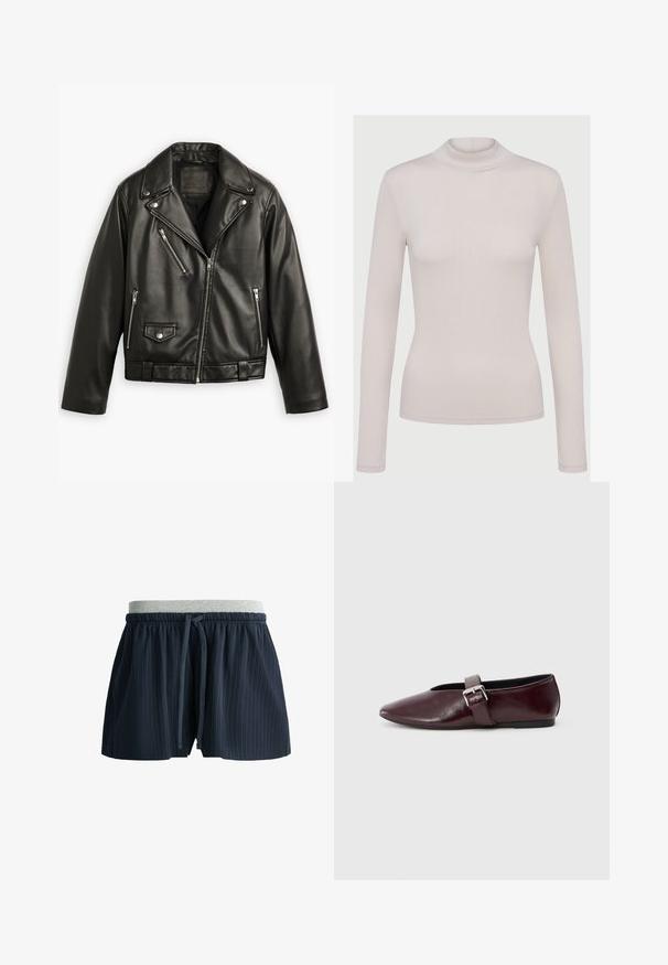 Sort læder motorcykeljakke med en cropped design, brede klapper, flere lynlåslommer og en subtil glans. Har et bælte i taljen.; Lys beige langærmet turtleneck-top lavet af et blødt, strækbart materiale. Tætsiddende design med ribbet tekstur og standardmanchetter.; Navyblå shorts med smalle grå striber, grå elastisk talje og navy snøre, vist på hvid baggrund.; Bordeaux læder ballerina sko med spidse tæer, flad sål og en dekorativ spænde-strop over vristen. Glat, blank tekstur.