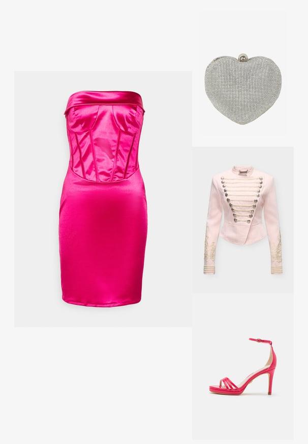 Lyserosa tettsittende jakke med sølvknapper, flettede snorer foran og intrikat blonderbroderi på ermene.; WAL G. MILLA CORSET - Cocktailkjole - fuchsia; Rosa patentlæder højhælet sandal med platform, åben tå og ankelrem med en guldspænde. Tre vandrette remme på tværs af forsiden.; Sølv hjerteformet clutch veske dekket med små rhinestones med en avrundet metallklemme på toppen mot en hvit bakgrunn.