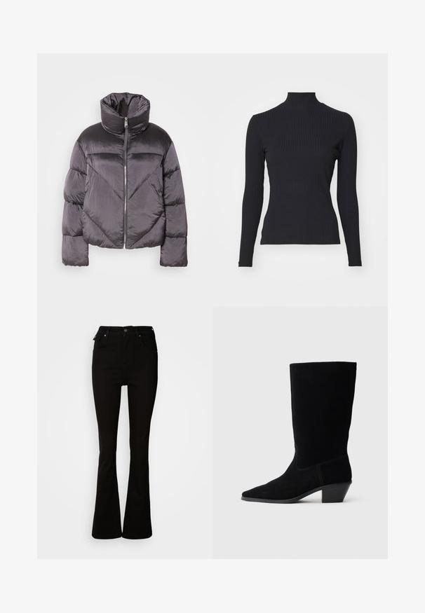 Daunenjacke in Dunkelgrau, mit hohem Kragen, glänzendem Material, Zickzackmuster und einem Reißverschluss vorne. Kurze, gepolsterte Ärmel.; Schwarzes, geripptes Rollkragenoberteil mit langen Ärmeln. Aus dehnbarem Stoff mit figurbetonter Passform und hohem Kragen. Einfaches Design ohne Verzierungen.; Schwarze, aus Denim gefertigte Schlagjeans mit hoher Taille, vorderen Taschen und einem klassischen Fünf-Taschen-Design mit Metallakzenten.; Schwarze Wildleder Stiefelette mit spitzer Zehe, mittelhohem Schaft und einem chunky Absatz. Verfügt über minimale Nähte und eine glatte Textur.