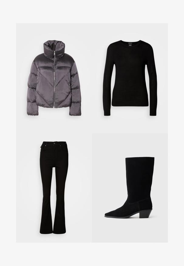 Puffjakke i mørkegrå, med høj krave, blankt materiale, chevronmønster og frontlynlås. Korte, polstrede ærmer.; Sort sweater lavet af et fint strikmateriale, med en rund halsudskæring og lange ærmer med tætsiddende mansjetter. Ingen synlige mønstre eller dekorationer.; Sorte flare jeans lavet af denim, med høj talje, forlommer og et klassisk fem-lomme design med metalhardware detaljer.; Sort ruskind ankelstøvle med spidse tæer, mellemhøj skaft og en chunky hæl. Fuldender et minimalistisk design med lidt syninger og en glat tekstur.
