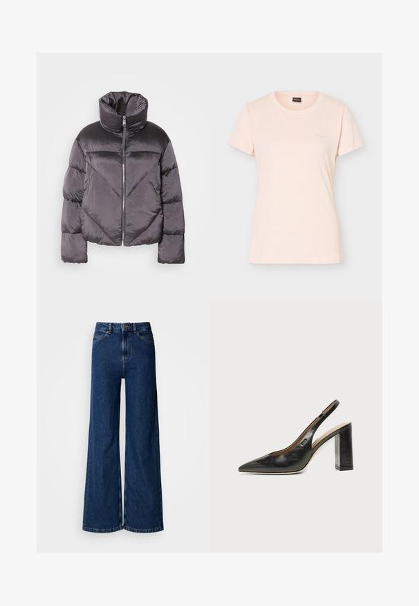 Puchová bunda v tmavošedej farbe, s vysokým golierom, lesklým materiálom, vzorom v tvare chevron a predným zipsom. Krátke, vypchaté rukávy.; Svetloružové tričko s krátkym rukávom a okrúhlym výstrihom, s malým vyrazeným logom BOSS na ľavej strane na hrudi a čiernou nášivkou vo vnútri goliera.; Džínsy s širokými nohavicami v tmavom praní z denimu, s vysokým pásom, klasickým dizajnom s piatimi vreckami a jemnými švami pozdĺž švov.; Čierna kožená slingback obuv s špicatou špičkou, vysokým hrubým podpätkom a béžovou vnútornou podšívkou na svetlom jednofarebnom pozadí.