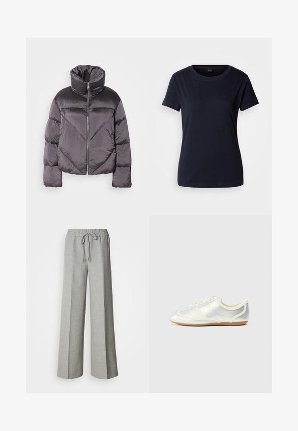 Doudoune gris foncé, avec un col montant, en matériau brillant, motif en chevrons, et fermeture à glissière à l'avant. Manches courtes rembourrées.; T-shirt à manches courtes bleu marine en coton, avec un col rond et un petit logo brodé sur la poitrine. Texture lisse.; Pantalon ample gris clair avec taille élastique et cordon de serrage, poches avant, et tissu texturé subtil.; Baskets synthétiques argentées avec accents crème, profil bas, bout arrondi et semelle en caoutchouc plate ; dotées de coutures classiques et d'une fermeture à lacets.