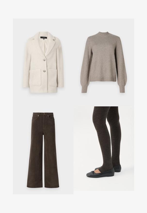 Manteau en mélange de laine beige clair avec un col cranté, deux poches avant et une fermeture à bouton simple. Tissu doux et texturé.; Pull en tricot beige avec col montant côtelé, longues manches bouffantes et bords côtelés sur fond blanc.; Pantalons en velours côtelé larges marron foncé avec poches avant, passants de ceinture et fermeture à boutons à la taille.; Jambes portant des leggings côtelés foncés associés à des ballerines noires avec de petits détails en nœud sur fond blanc.