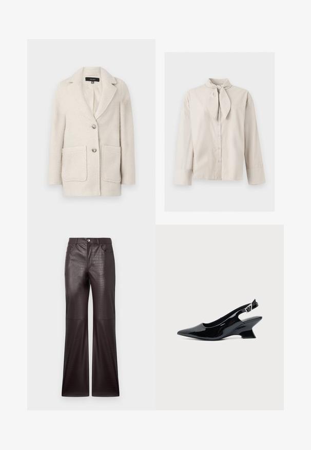 Manteau en mélange de laine beige clair avec un col cranté, deux poches avant et une fermeture à bouton simple. Tissu doux et texturé.; Blouse beige à manches longues avec boutons, détail noué au niveau du col et larges poignets aux manches, présentée sur un fond clair uni.; Pantalons en simili cuir de couleur brun foncé avec motif crocodile, design à jambe évasée, dotés de poches avant et d'une fermeture à bouton argenté.; Chaussure slingback en cuir verni noir avec bout pointu et petit talon bloc incliné sur fond clair uni.