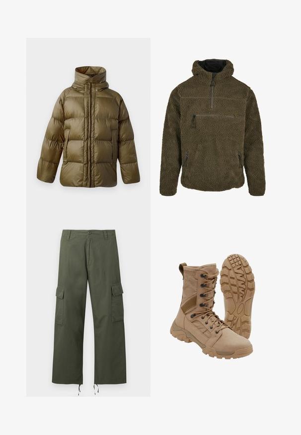 CLOSED PUFFER JACKET - Veste d'hiver - marsh green; Pull-over en polaire vert olive avec un col montant, une fermeture éclair mi-hauteur et deux poches latérales zippées ; fabriqué en tissu doux et texturé.; Pantalon cargo vert olive avec poches latérales à rabat, fermeture par boutons, passants de ceinture et cordons ajustables aux larges ourlets des jambes.; Botte tactique beige avec un lacet montant à la cheville et une semelle en caoutchouc robuste, une botte debout et une montrant le motif de la semelle.