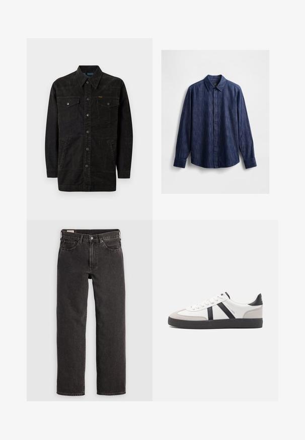 Veste en denim noir avec des boutons-pression, deux poches sur la poitrine, des poches latérales et un col pointu. Présente des coutures discrètes et une finition texturée.; Chemise en denim bleu foncé avec un col classique, des manches longues, une fermeture à boutons sur le devant et un tissu légèrement texturé. Pas de motifs visibles.; Jeans en denim noir avec une coupe droite, cinq poches et des tringles métalliques. Le tissu présente une légère texture et une finition unie.; Baskets blanches avec des accents noirs et gris, présentant un embout texturé gris, une semelle en caoutchouc noir et des lacets plats blancs. Design épuré, style minimaliste.