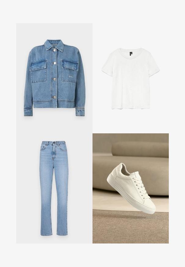 Lichtblauwe spijkerjack met een klassieke kraag, twee voorzakken, zilveren knopen en oranje stikselaccenten. Heeft een recht-toe-rechtaan pasvorm.; Witte t-shirt met korte mouwen en een ronde hals, gemaakt van lichte stof. Eenvoudig ontwerp, gladde textuur en rechte zoom.; Lichtblauwe denim jeans met een rechte pasvorm, hoge taille en klassieke vijf-pocketstijl. Kenmerkt zich door een gladde textuur en subtiele vervaging.; Witte leren sneaker met een klassiek ontwerp, voorzien van een vetersluiting, platte rubberen zool en gestructureerde accenten. Strakke, minimalistische uitstraling.
