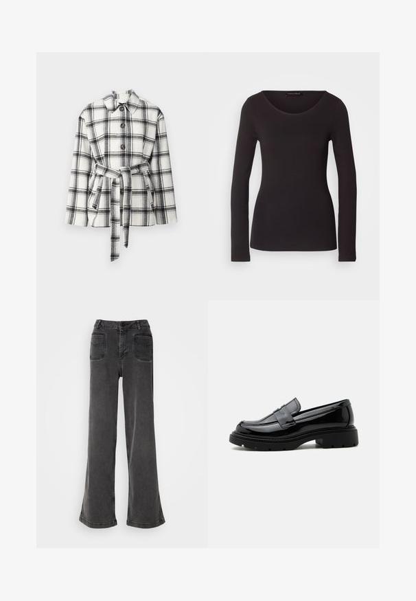 Veste à carreaux noir et blanc avec un col, des boutons sur le devant et une taille ceinturée, présentant une texture de tissu douce.; Haut noir à manches longues en tissu lisse avec un col rond et une silhouette ajustée ; ne présente aucun motif ni accent.; Jean noir taille haute à jambes larges en denim, avec une fermeture à bouton, des passants de ceinture et deux poches arrière avec des accents cousus.; Mocassin en cuir noir brillant avec semelle épaisse à crampons et bride penny, présenté en profil latéral sur fond blanc uni.