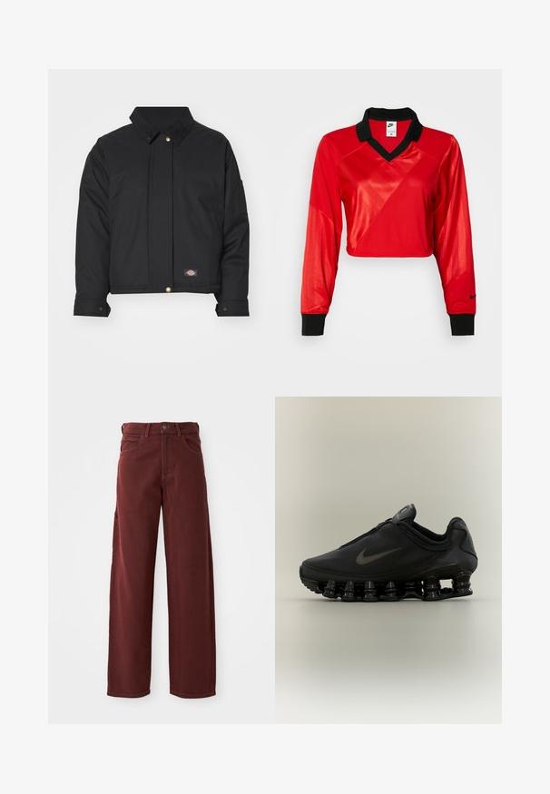 Dickies SEASONAL JACKET - Ελαφρύ μπουφάν - black; Κόκκινη αθλητική μπλούζα κοντή με μαύρο γιακά, μακριά μανίκια, με υφασμάτινο σχέδιο και λογότυπο Nike στο μανίκι. Αργυρή και γυαλιστερή υφή.; Μπορντό παντελόνια με φαρδιά γραμμή φτιαγμένα από βαμβάκι με λεία υφή, διαθέτουν μπροστινό κλείσιμο με κουμπί, βρόχους ζώνης και πολλαπλές τσέπες.; Μαύρο αθλητικό παπούτσι Nike με φερμουάρ στο πάνω μέρος και χαρακτηριστική σόλα με τμηματικές ελαστικές άνοιξη, παρουσιάζεται σε πλάγια όψη πάνω σε ουδέτερο φόντο.