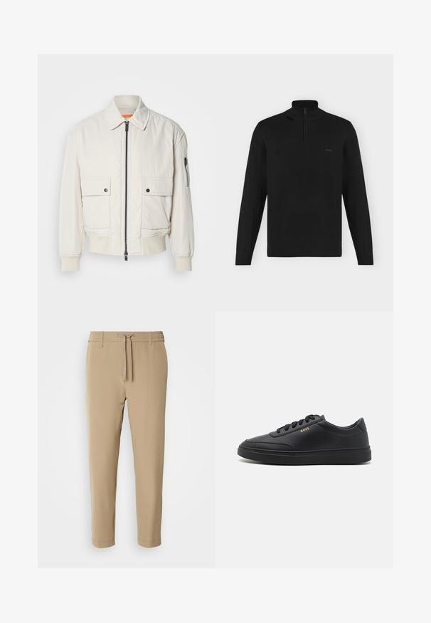 Leichte Bomberjacke aus Creme mit Reißverschluss vorne, zwei Fronttaschen, gerippten Bündchen und einer glatten Textur. Verfügt über einen dezenten orangen Akzent innen am Kragen.; Schwarzer Langarm-Pullover mit hohem Kragen und halbem Reißverschluss, gerippte Bündchen und Saum, mit kleinem "BOSS"-Logo auf der linken Brust.; Beige, taillierte Hose mit elastischem Bund und Kordelzug. Glattes Material mit einem schlichten Design ohne sichtbare Muster oder Hardware.; Schwarze Leder-Sneaker mit glatter Textur, runder Zehenpartie, flacher Gummisohle und einfarbigen Schnürsenkeln. Mit goldfarbenem "BOSS" Logo an der Seite.