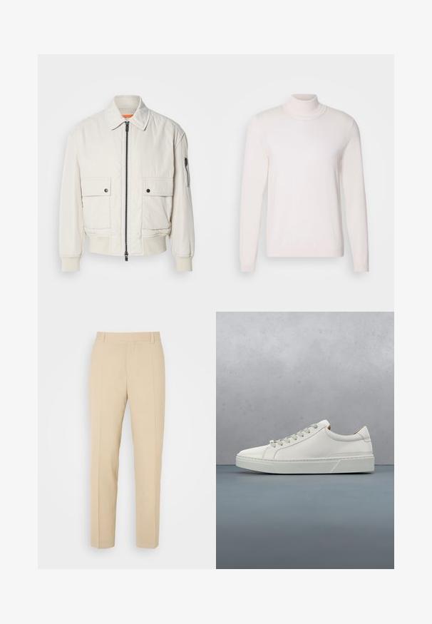 Leichte Bomberjacke aus Creme mit Reißverschluss vorne, zwei Fronttaschen, gerippten Bündchen und einer glatten Textur. Verfügt über einen dezenten orangen Akzent innen am Kragen.; Helles rosa Rollkragenpullover mit langen Ärmeln, weichem Stoff, geripptem Kragen und Bündchen, im klassischen, figurbetonten Design.; Beige maßgeschneiderte Hosen mit geradem Bein, aus leichtem Stoff, mit zwei vorderen Taschen und ordentlich gebügelten Falten.; Weißes Leder-Sneaker mit abgerundetem Zehenbereich, minimalistisches Design, graue Schnürsenkel und einer strukturierten grauen Gummisohle. Dezente Nähte sichtbar.