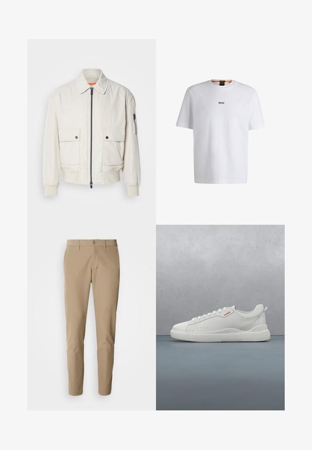 Leichte Bomberjacke aus Creme mit Reißverschluss vorne, zwei Fronttaschen, gerippten Bündchen und einer glatten Textur. Verfügt über einen dezenten orangen Akzent innen am Kragen.; Weißes Baumwoll-T-Shirt mit kurzen Ärmeln, ausgestattet mit einem schwarzen "BOSS"-Logo, das mittig auf der Brust platziert ist, und einem runden Halsausschnitt.; Beige Hose aus glattem Stoff mit geradem Schnitt, ausgestattet mit einem Knopfverschluss und frontalen Taschen, ergänzt durch Gürtelschlaufen.; Weiße Sneaker aus glattem Leder, runde Spitze, vier Ösen, dezente Perforationen und ein rotes Logodetail an der Seite.