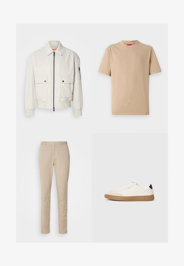 Lichtgewicht crème bomberjack met een ritssluiting aan de voorkant, twee voorzakken, geribde mouwen en een soepele textuur. Bevat een subtiele oranje accent binnenin de kraag.; Beige katoenen T-shirt met korte mouwen, ronde hals en subtiele "HUGO"-logo in het midden. Glad textuur, ontspannen pasvorm.; Beige katoenen broek met een recht model, voorzien van een ritssluiting, zijzakken en subtiele stikdetails. Soepele textuur.; Witte sneakers met beige accenten, bovenwerk van glad leer, ronde neus en rubberen gumzool, met een zwarte hieltab en subtiele branding.