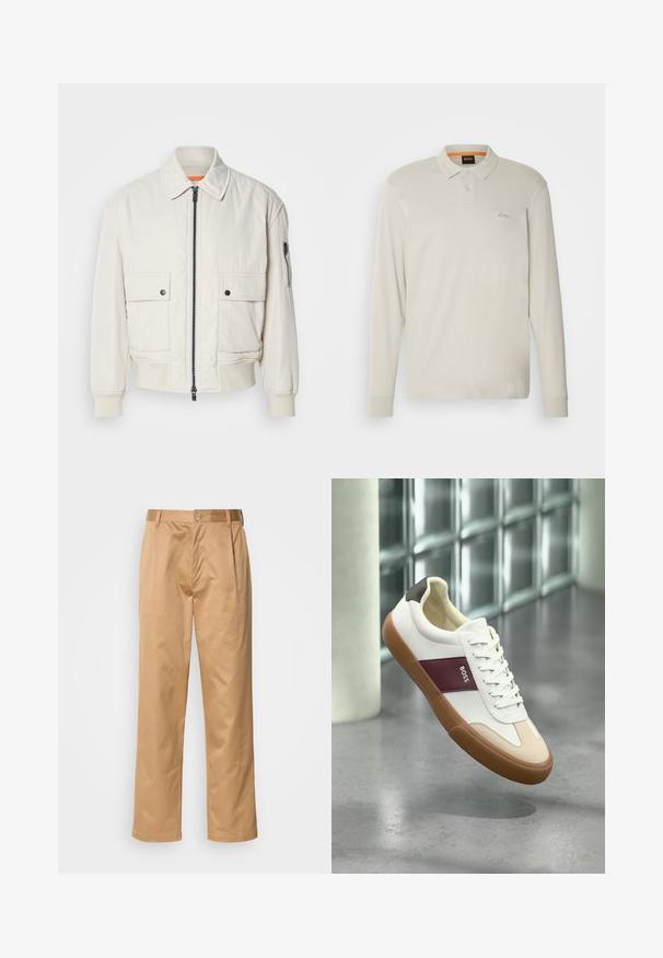 Lettet crembomberjakke med lynlås foran, to brystlommer, ribbede manchetter og en glat tekstur. Har en subtil orange accent indeni kraven.; Lys beige langærmet polo shirt lavet af bomuld. Har en krave, to-knaps placket, broderet logo og ribbede manchetter.; Khaki bukser, blanding af bomuld, lige ben-design, frontfald, bæltesløjfer og knaplukning. Glat tekstur uden mønstre.; Hvid lavtop-sneaker med brun sål, vinrød stribe mærket "BOSS," beige tå-accenter og sort hæl, svævende over en grå gulv.