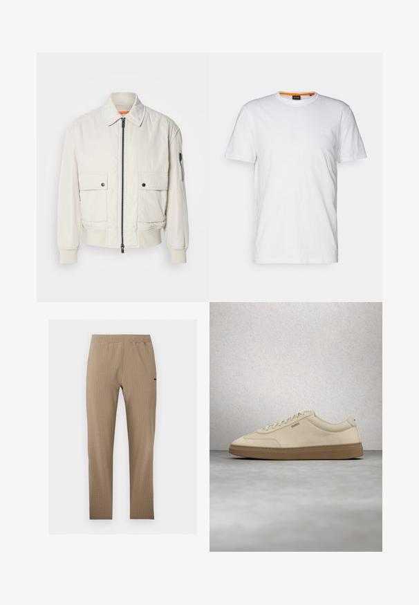 Leichte Bomberjacke aus Creme mit Reißverschluss vorne, zwei Fronttaschen, gerippten Bündchen und einer glatten Textur. Verfügt über einen dezenten orangen Akzent innen am Kragen.; Weißes Baumwoll-T-Shirt mit Rundhalsausschnitt, kurzen Ärmeln und einem dezenten geprägten Logo auf der Brust. Das Innenschild hat einen orangefarbenen Akzent.; Beige strukturierte Leggings mit hohem elastischem Bund, schlanker Passform und dezentem Markenlogo am rechten Oberschenkel.; Hellbeiger Wildledersneaker mit Gummisohle, auffälligen Schnürsenkeln und dezenten Nahtdetails. Sauberes Design mit minimalistischem Ästhetik.