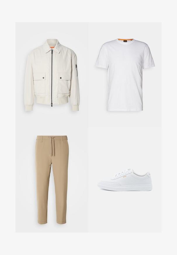 Leichte Bomberjacke aus Creme mit Reißverschluss vorne, zwei Fronttaschen, gerippten Bündchen und einer glatten Textur. Verfügt über einen dezenten orangen Akzent innen am Kragen.; Weißes Baumwoll-T-Shirt mit Rundhalsausschnitt, kurzen Ärmeln und einem dezenten geprägten Logo auf der Brust. Das Innenschild hat einen orangefarbenen Akzent.; Beige, taillierte Hose mit elastischem Bund und Kordelzug. Glattes Material mit einem schlichten Design ohne sichtbare Muster oder Hardware.; Weiße Leder-Sneaker mit glatter Textur, runder Zehenpartie und tonal abgestepptem Design. Mit blauen Schnürsenkeln und einem goldenen Logo an der Seite.