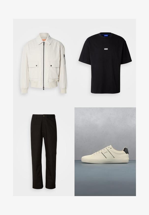 Leichte Bomberjacke aus Creme mit Reißverschluss vorne, zwei Fronttaschen, gerippten Bündchen und einer glatten Textur. Verfügt über einen dezenten orangen Akzent innen am Kragen.; Schwarzes Baumwoll-T-Shirt mit Rundhalsausschnitt, kurzen Ärmeln und einem weißen rechteckigen "HUGO"-Logo auf der Brust. Glatte Textur, lockere Passform.; Schwarze Baumwollhosen mit geradem Schnitt, Gürtelschlaufen, einem Reißverschluss vorne und einem einzelnen Knopfverschluss. Glatte Textur ohne sichtbare Muster.; Cremfarbene Sneaker mit glatter Oberfläche, die schwarze Akzente und Markenlogo aufweisen. Klassisches Schnürdesign mit runder Zehenform und Gummisohle.