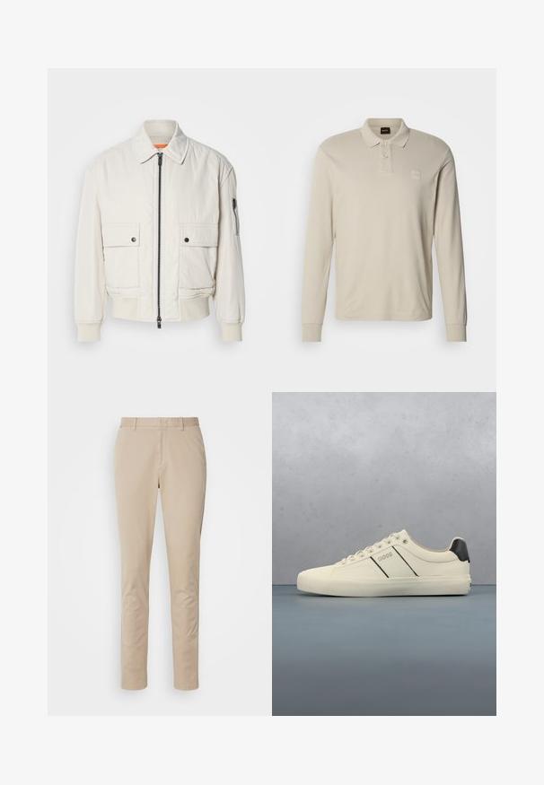Leichte Bomberjacke aus Creme mit Reißverschluss vorne, zwei Fronttaschen, gerippten Bündchen und einer glatten Textur. Verfügt über einen dezenten orangen Akzent innen am Kragen.; Beiges Polohemd mit langen Ärmeln aus weichem Material, mit klassischem Kragen, drei Knöpfen und einem kleinen Logopatch auf der Brust.; Beige Baumwollhose mit geradem Beinschnitt, ausgestattet mit einem Reißverschluss, seitlichen Taschen und dezenten Steppnähten. Glatte Textur.; Cremfarbene Sneaker mit glatter Oberfläche, die schwarze Akzente und Markenlogo aufweisen. Klassisches Schnürdesign mit runder Zehenform und Gummisohle.