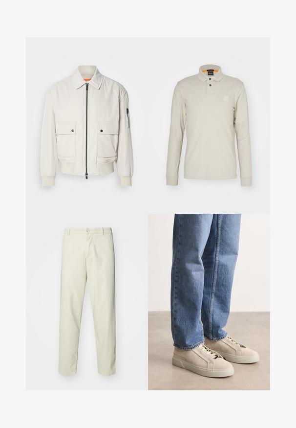 Leichte Bomberjacke aus Creme mit Reißverschluss vorne, zwei Fronttaschen, gerippten Bündchen und einer glatten Textur. Verfügt über einen dezenten orangen Akzent innen am Kragen.; Langarm-Polohemd aus hellbeigem Baumwollstoff. Verfügt über einen Kragen, zwei Knöpfe und ein kleines, geprägtes Logo auf der Brust. Oranger innerer Kragen.; Hellbeige Baumwollhosen mit geradem Bein, ausgestattet mit einem vorderen Knopfverschluss und normalen Taschen, glatter Textur und ohne Muster.; BOSS GARYTENN_SDHDEL - Sneaker low - natural ten