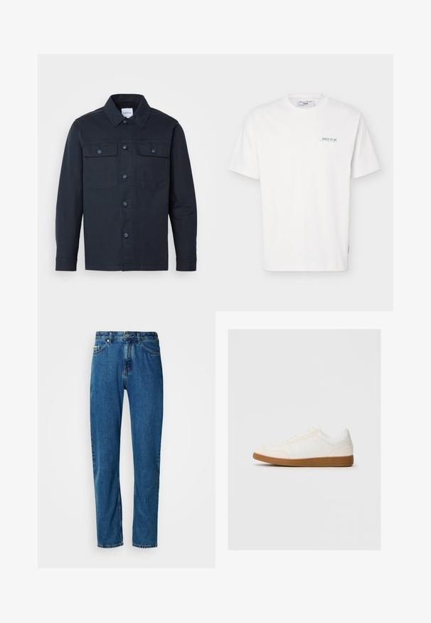 Marineblauw knoopshirt gemaakt van een katoenmix, met twee borstzakken en een klassiek kraagontwerp.; Wit T-shirt met korte mouwen en ronde hals, met kleine groene tekst "JUICE IT UP Marc O'Polo Denim" op het linkerborstgebied.; Blauwe rechte spijkerbroek met vijf zakken en een knoopsluiting aan de voorkant op een witte achtergrond.; Witte sneaker met een suède neus, een glad synthetisch bovenwerk en een tan rubberen zool. Beschikt over perforaties aan de zijkanten voor ventilatie.