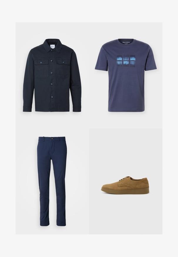 Dunkelblauses Hemd mit Knöpfen, aus einer Baumwollmischung gefertigt, mit zwei Brusttaschen und klassischem Kragendesign.; Marineblaue Kurzarm-T-Shirt mit rundem Ausschnitt und abstraktem blau-schwarzem rechteckigem Grafikmotiv auf der Brust.; Hose in Marineblau aus glattem Stoff mit geradem Bein, Reißverschluss und einer vorderen Tasche mit Knopfverschluss.; Brauner Wildleder-Schnürschuh für den Alltag mit flacher Gummisohle, von der Seite auf hellem, einfachem Hintergrund gesehen.