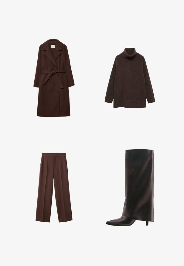 Brun uldblandingsfrakke med dobbeltbrystet design, slå-om krave, taljebånd og sidelommer, der har en blød tekstur.; Brun turtle neck sweater lavet af blødt strikstof. Har lange ærmer og en afslappet pasform med høj krave for ekstra varme.; Brune vidde bukser med en glat overflade, der har to sidelommer og en plisseret front for en afslappet pasform.; Høj sort læderstøvle med spids tå og slank mellemhøj hæl på hvid baggrund.
