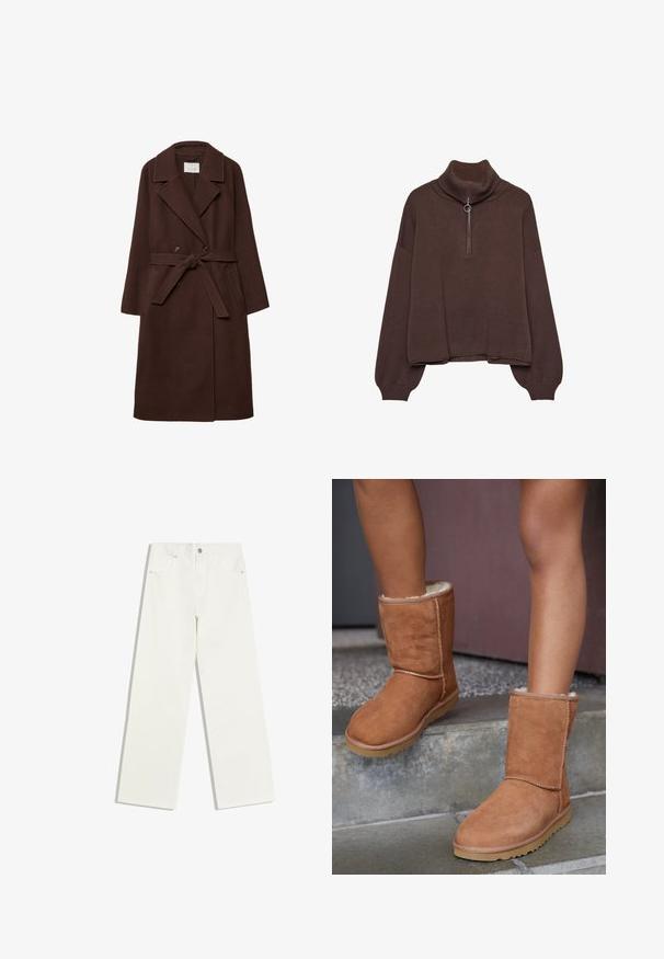 Brun uldblandingsfrakke med dobbeltbrystet design, slå-om krave, taljebånd og sidelommer, der har en blød tekstur.; Brun pullover sweater med høj ribstrik krave, lynlås lukning, løs pasform og sænkede skuldre. Fremstillet af blødt strikmateriale.; Hvide jeans med højt liv og lige ben, med forlommer og knaplukning på hvid baggrund.; Brune ruskind ankelstøvler med rund tå, blødt foer og gummisål, der har synlige stikninger langs sømmene.