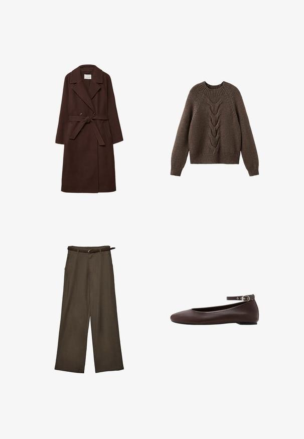 Brun uldblandingsfrakke med dobbeltbrystet design, slå-om krave, taljebånd og sidelommer, der har en blød tekstur.; Brun strikket sweater med rund halsudskæring, lange ærmer og et kabelstrikdesign, der løber ned langs fronten. Ribbet kant og manchetter.; Brune bukser med brede ben og et matchende brunt bælte, lagt fladt mod en hvid baggrund.; Mørkebrune flade sko med rund tå og justerbar ankelrem med sølvspænde på hvid baggrund.