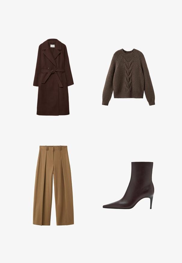 Brun uldblandingsfrakke med dobbeltbrystet design, slå-om krave, taljebånd og sidelommer, der har en blød tekstur.; Brun strikket sweater med rund halsudskæring, lange ærmer og et kabelstrikdesign, der løber ned langs fronten. Ribbet kant og manchetter.; Brune bukser med høj talje og vide ben med subtile nålestriber, frontlige læg, bæltestropper og en skjult frontlynlås.; Brun læder ankelstøvle med spids tå, slank skafter og en tynd, høj hæl. Glat tekstur, minimalistisk design, ingen synlig hardware.