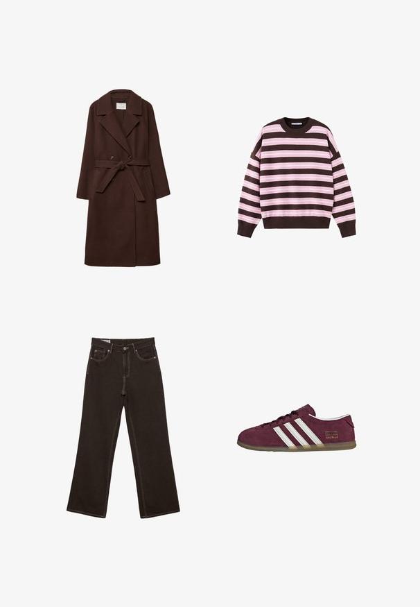 Brun uldblandingsfrakke med dobbeltbrystet design, slå-om krave, taljebånd og sidelommer, der har en blød tekstur.; Langærmet sweater med rund hals, horisontale brune og lyserøde striber samt ribstrikkede manchetter og kant.; Sorte jeans med vide ben og kontrastfuld hvid syning, frontknap, lynlåslukning og fem-lommer design.; Vinrød ruskindssneaker med hvide stribede detaljer, rund tå og en gumgummisål. Har et logo-mærke på ydersiden.