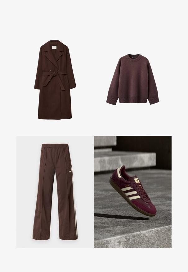Brun uldblandingsfrakke med dobbeltbrystet design, slå-om krave, taljebånd og sidelommer, der har en blød tekstur.; Løs pasform sweater i mørk bordeaux, lavet af blødt strikket stof. Har en ribstrikket rund hals, vide ærmer og en ribstrikket kant.; Brune atletiske bukser med vidde ben, hvide striber på siden, elastisk linning og to sidelommer. Har et lille logo på benet.; Bourgognefarvet sneaker med tekstureret læder, tre hvide striber og gyldne detaljer. Gummisål, klassisk Samba-design og åndbare mesh-detaljer.