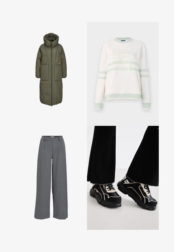 Olijfgroene lange gewatteerde jas met een hoge kraag, ritssluiting aan de voorkant en twee grote voorzakken. Glad, duurzaam materiaal met een gequiltde textuur.; Witte geribde sweatshirt met lichtgroene accenten. Heeft een ronde hals, lange mouwen en een gecentreerd logo met horizontale strepen.; Wijdlopende broek van lichtgrijze stof, met een smocktail, voorplooien en een gladde, zachte textuur.; Zwarte sneakers met witte accenten, met een gladde afwerking, gelaagd ontwerp, getextureerde zool en opvallende veters. Plat, breed silhouet.