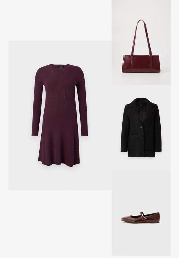 Schwarzer, strukturierten Blazer mit Reverskragen, ausgestattet mit zwei Fronttaschen und zwei Knopfverschluss. Mit gefüttertem Innenbereich. Klassische Silhouette.; Strickkleid in tiefem Lila, mit langen Ärmeln, einem enganliegenden Oberteil mit diagonalen Rippenmustern und einem auslaufenden Rock.; Braune Lackleder-Ballerinas mit quadratischer Zehenform und Riemen mit einer kleinen goldenen Schnalle. Glatte Textur, niedriger Absatz und minimalistisches Design.; Burgunderfarbene Handtasche aus glänzendem Material, rechteckige Form, mit zwei Schulterriemen und subtilen, geschwungenen Akzenten an der Vorderseite.