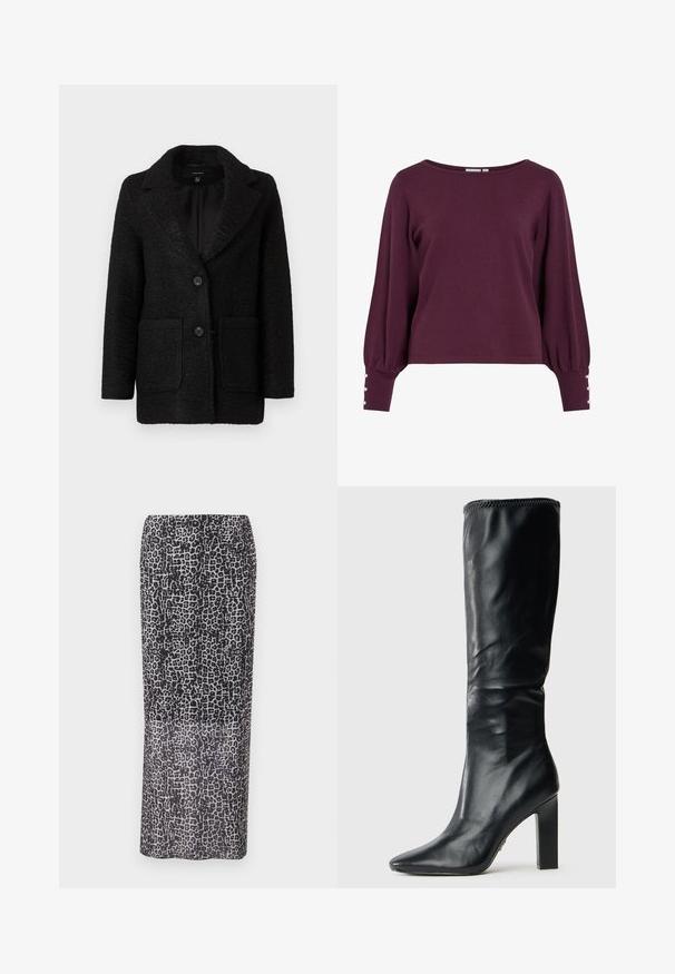 Sort tekstureret blazer med klippet krave, der har to frontlommer og to knaplukninger. Fodret indeni. Klassisk silhuet.; Bourgognefarvet strikket sweater med bred halsudskæring, lange ballonærmer og knapdetaljer ved manchetterne. Blød tekstur og løs pasform.; Maxi nederdel med leopardmønster i sort og grå, der har en lige silhuet og let stof med gennemsigtig tekstur.; Sorte læderknæhøje støvler med et elegant design, spids tå og firkantet høj hæl, der har en glat overflade og syet kant øverst.