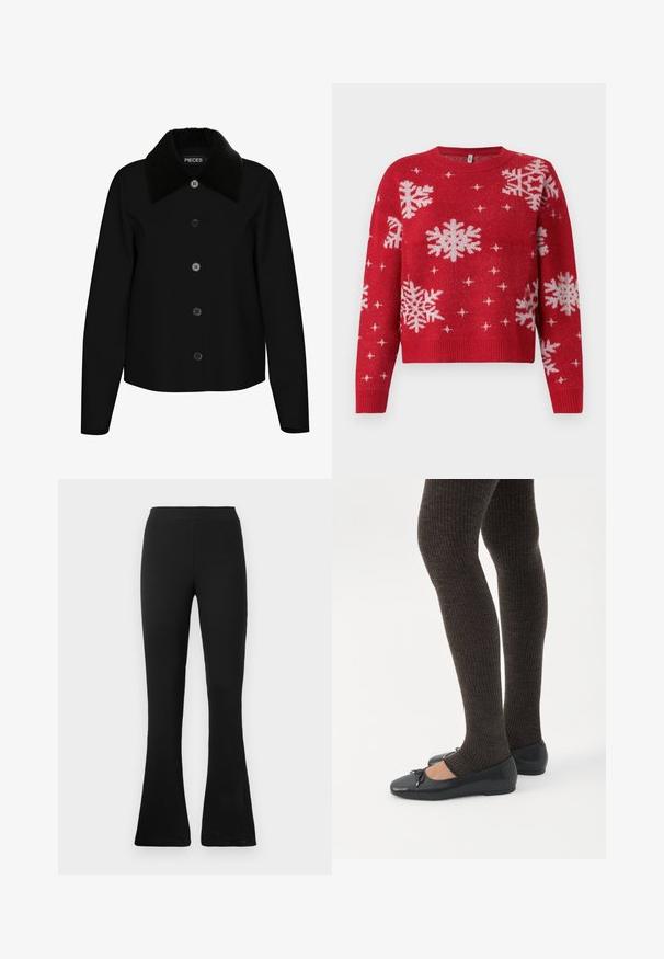 Zwarte jas met een zachte zwarte kraag, zes knoopsluitingen aan de voorkant, lange mouwen en een cropped ontwerp. Gladde textuur en eenvoudige silhouet.; Rode trui met een ronde halslijn, versierd met witte sneeuwvlokken en sprankelende accenten. Geribbelde mouwen en zoom, cropped ontwerp.; Zwarte geribbelde flare pants met een hoge taille. Zacht, elastisch materiaal zorgt voor een aansluitende silhouet en een flared onderkant voor stijl en comfort.; Benen met donkere geribbelde leggings gecombineerd met zwarte ballerina's met kleine strikdetails op een witte achtergrond.