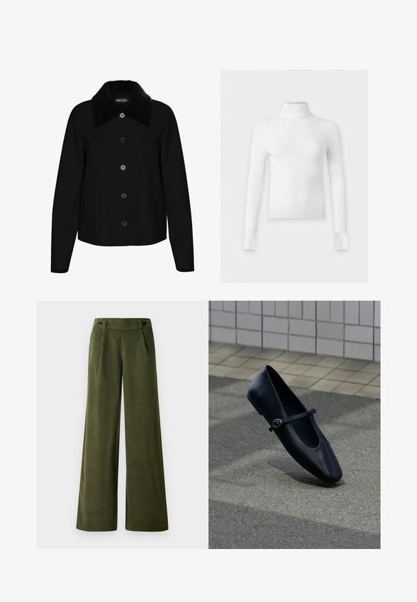 Veste noire avec un col en peluche noir, fermeture frontale à six boutons, manches longues et design court. Texture lisse et silhouette simple.; Pull col roulé blanc à côtes, manches longues, coupe slim et ourlet droit, présenté sur un fond uni clair.; Pantalons en velours côtelé à jambes larges de couleur vert foncé. Présentent une texture lisse, deux poches avant et deux fermetures à boutons à la taille.; Chaussure plate Mary Jane en cuir noir avec une petite bride à boucle, posée sur une surface en asphalte gris près d'un mur carrelé.