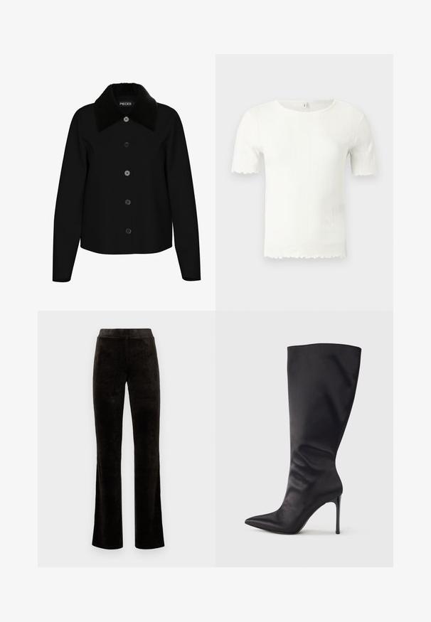 Veste noire avec un col en peluche noir, fermeture frontale à six boutons, manches longues et design court. Texture lisse et silhouette simple.; Haut blanc à manches courtes en tricot côtelé avec bords festonnés aux manches et à l'ourlet, doté d'un col rond.; Pantalons évasés noirs en tissu doux et velouté. Présentent une taille haute et une texture lisse sans motifs ni quincaillerie visibles.; Botte noire haute jusqu'aux genoux en cuir verni lisse et élégant ; bout pointu ; ajustée avec un léger froncé près de la cheville ; talon brillant.