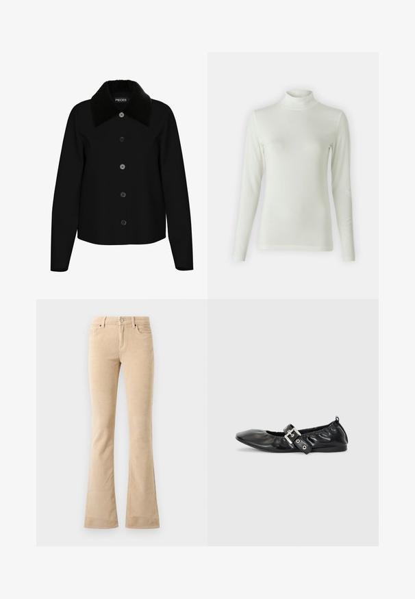 Zwarte jas met een zachte zwarte kraag, zes knoopsluitingen aan de voorkant, lange mouwen en een cropped ontwerp. Gladde textuur en eenvoudige silhouet.; Lange mouwen turtleneck-top in lichtcrème, gemaakt van een soepele, rekbare stof. Verstelbaar ontwerp met een geribbeld patroon bij de halslijn.; Beige flared corduroy broek met een gestructureerde afwerking, twee voorzakken, een rits en een zilverkleurige knoopdetails.; Zwarte leren platte schoen met een spitse neus, geplooide details rond de opening en een zilveren gespaccentueerde verstelbare band.
