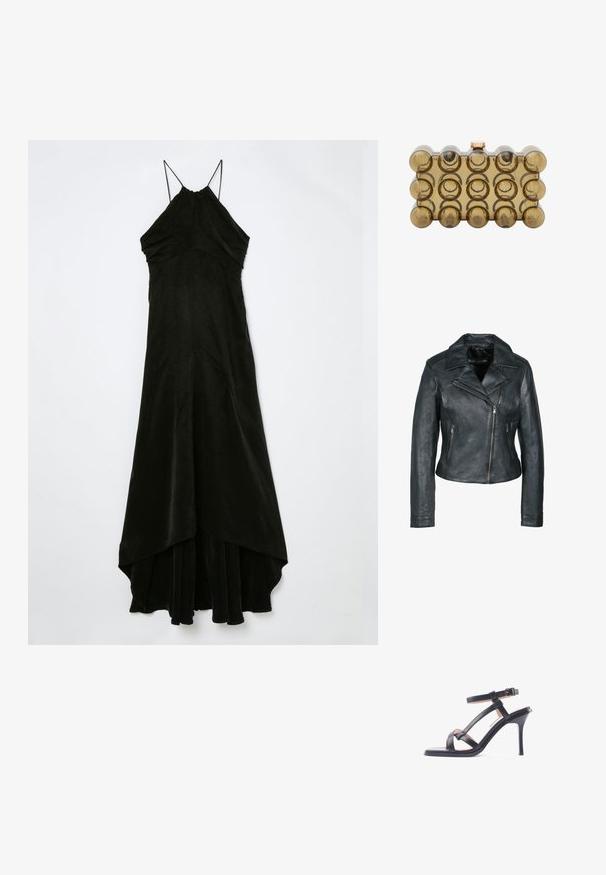 Sort lædermotorcykeljakke med tætsiddende design, brede klapper og to lynlåslommer. Glat tekstur og asymmetrisk frontlynlås.; Han Kjøbenhavn HALTERNECK DRESS - Gallakjole - black; Sorte læder højhælede sandaler med flere tynde stropper, ankelspænde, firkantet tå og en glat tekstur.; En gennemsigtig amber akryl clutch i rektangulær form, med cirkulære forhøjede detaljer og en rund lås i guldtonet metal.