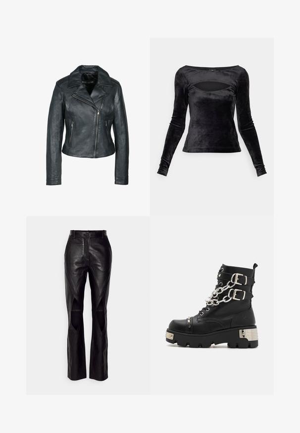 Chaqueta de motocicleta de cuero negro con un diseño ajustado, amplias solapas y dos bolsillos con cremallera. Textura suave y cremallera frontal asimétrica.; Top negro de manga larga hecho de terciopelo suave, con un escote ancho y un detalle de corte, y una silueta ajustada. Textura lisa en toda la prenda.; Pantalones de cuero negro con un diseño ajustado, que presentan costuras diagonales y recortes en los lados. Piernas rectas con un cierre de botón en la cintura.; Koi Footwear SHACKLED SHADOWS HEAVY DUTY CHAIN - Botines camperos - black