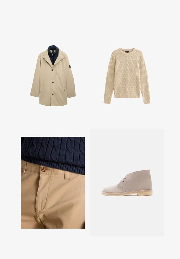 Beiger Außenmantel mit einem blauen gepolsterten Kragen, einreihiger Knopfverschluss, Seitentaschen und schwarzem Akzent am Ärmel.; Beige gestrickter Pullover mit einem strukturierten Muster, Rundhals, und gerippten Bündchen und Saum. Weicher Stoff. Leichtes Design.; Nahaufnahme von beigen Hosen mit Knopfverschluss kombiniert mit dem Saum eines marineblauen, kabelgestrickten Pullovers.; Beiger Wildleder-Stiefelette mit Zwei-Ösen-Schnürung, Kreppsohle und niedrigem gestapeltem Absatz, seitlich auf einfarbigem Hintergrund gezeigt.
