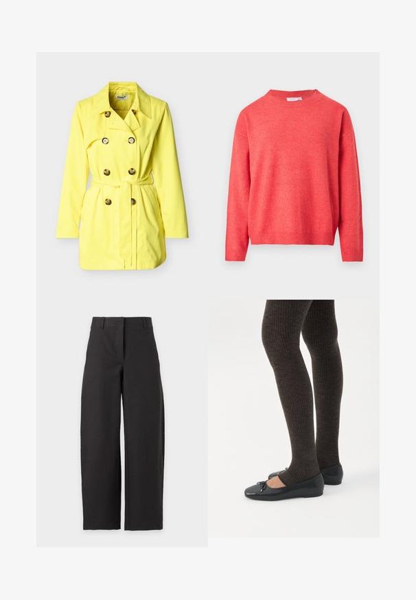 Trench-coat jaune avec fermeture boutonnée croisée, ceinture et poches latérales. Tissu lisse avec un col classique et des manches longues.; Pull en maille corail avec encolure ronde, coutures d'épaules tombantes, poignets et taille côtelés. Texture douce avec un léger effet scintillant.; Pantalon noir à jambes larges avec taille haute et passants de ceinture, présenté sur fond blanc.; Jambes portant des leggings côtelés foncés associés à des ballerines noires avec de petits détails en nœud sur fond blanc.