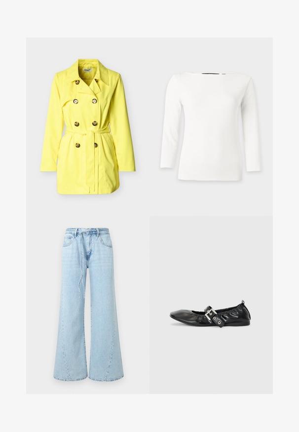 Trench-coat jaune avec fermeture boutonnée croisée, ceinture et poches latérales. Tissu lisse avec un col classique et des manches longues.; Top blanc en maille côtelée à manches longues, avec un large col rond et une silhouette ajustée.; Jean denim bleu clair à jambes larges, avec poches avant, passants de ceinture et ceinture nouée ample à la taille sur un fond uni.; Chaussure plate en cuir noir avec un nez pointu, des détails froncés autour de l'ouverture et un accent en boucle argentée sur la bride ajustable.