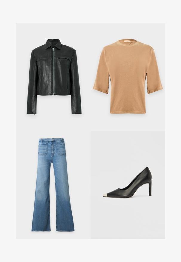 Veste en cuir noire avec fermeture éclair à l'avant, col pointu et une poche poitrine. Présente des détails de coutures et une coupe courte. Texture lisse.; T-shirt marron à manches courtes en tissu doux avec un col rond et un ourlet droit, présentant des manches repliées et des détails de couture subtils.; Jean en denim bleu clair taille haute avec jambes larges évasées, poches plaquées à l’avant, fermeture par boutons et passants de ceinture.; Chaussure à talon haut en cuir noir avec bout pointu et capuchon argenté métallique. Présente une finition lisse et un talon fin de 10 cm.
