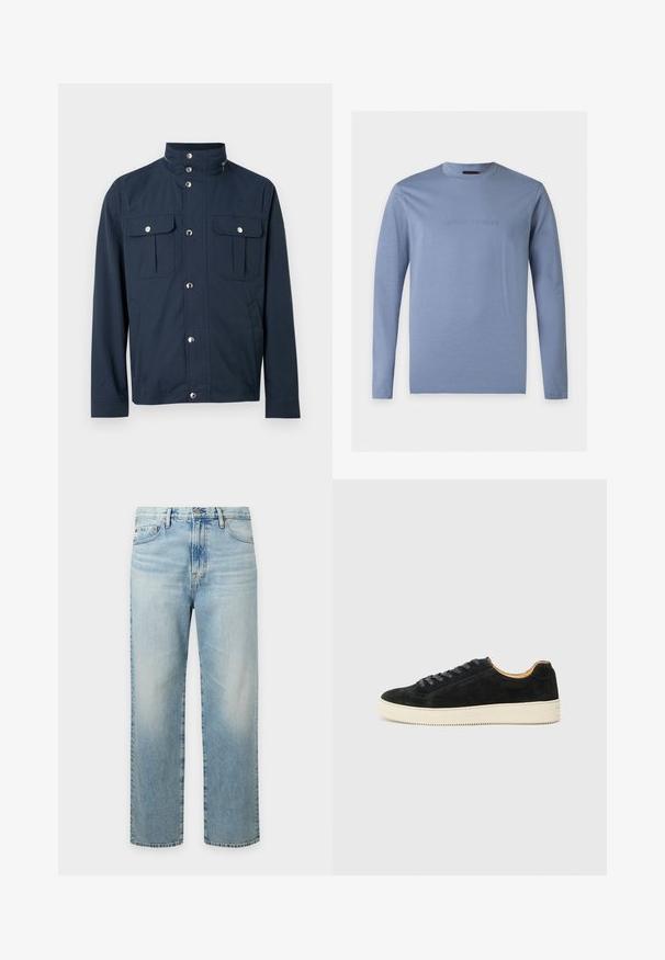 Veste pour homme bleu marine avec col montant, boutons-pression sur le devant, deux poches poitrine à rabat avec fermetures à pression, et poches latérales.; Chemise bleu clair à manches longues avec col rond et logo Emporio Armani en relief centré sur la poitrine, fond blanc.; Jeans en denim bleu clair à coupe droite avec poches avant, passants pour ceinture et fermeture par bouton.; Baskets en daim noir au design bas, avec des lacets assortis, une semelle en caoutchouc texturé crème et une silhouette minimaliste.