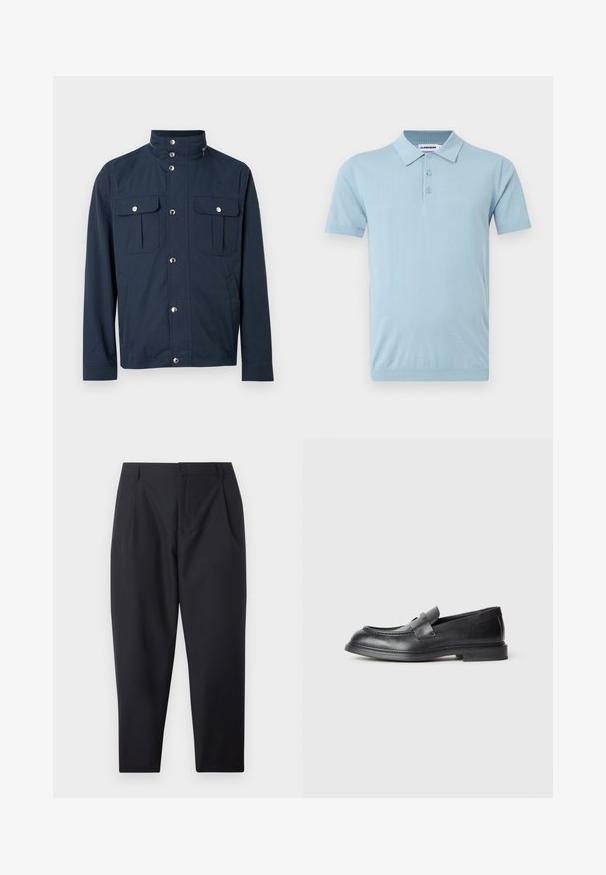 Veste pour homme bleu marine avec col montant, boutons-pression sur le devant, deux poches poitrine à rabat avec fermetures à pression, et poches latérales.; Polo bleu clair à manches courtes avec trois boutons et col, arborant une broderie discrète du logo sur la poitrine gauche.; Pantalon noir fuselé avec poches latérales et passants de ceinture, présenté à plat sur un fond blanc.; Mocassins en cuir noir avec une finition texturée, dotés d'une bride décorative à l'avant et d'un bout arrondi. Semelle en caoutchouc pour plus de durabilité.
