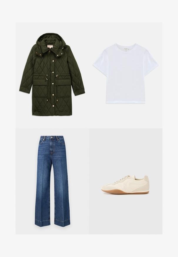 Olijfgroen gewatteerde lange jas met capuchon, drukknoopsluiting aan de voorkant, verstelbare taille met trekkoord, klepzakken en kraag op een effen achtergrond.; Witte cropped t-shirt van zacht katoen, met een ronde hals en korte mouwen in een iets ontspannen pasvorm. Geen patronen of accenten.; Blauwe wijde jeans met hoge taille, voorzakken, knoopsluiting en zichtbare stiksel details op een effen witte achtergrond.; Lichtbeige sneakers met een textuur van leer op het bovenwerk, getextureerde zijpanelen en een rubberen zool. Voorzien van een slank, gestroomlijnd ontwerp en platte veters.