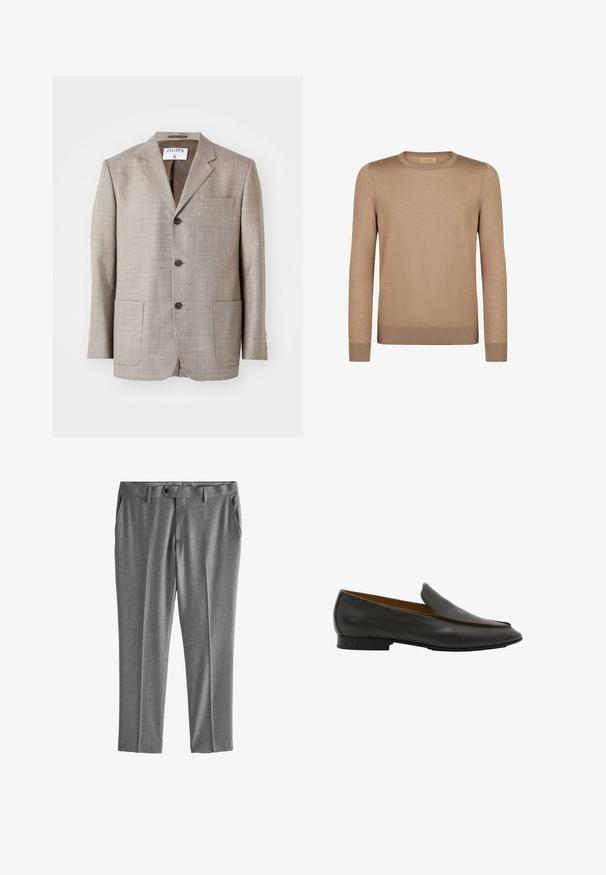 Lys brun blazer med en tekstureret stof, flapskuldre, frontknapper og to forlommer. Mærket lyder "Filippa K."; Brun langærmet sweater i et glat strikstof med rund halsudskæring og ribbede kantbånd og manchetter, der har et minimalistisk design.; Grå formelle bukser med bæltestropper, frontknaplukning og sidelommer, vist fladt på hvid baggrund.; Sort læder slip-on loafer med lav hæl og glat finish vist fra siden på en hvid baggrund.
